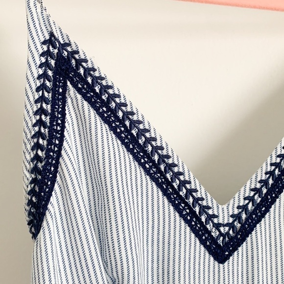 Japna Blue White Seersucker Pinstriped Embroidered Wide Leg Jumpsuit XS - Picture 3 of 8